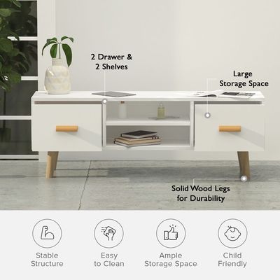 H301 Modern Multifunctional TV Table Stand, Storage Unit with Two Drawers and Storage Shelves - White, H301-TVstd-WHT