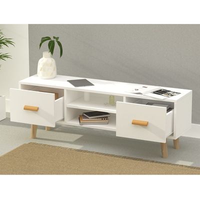 H301 Modern Multifunctional TV Table Stand, Storage Unit with Two Drawers and Storage Shelves - White, H301-TVstd-WHT