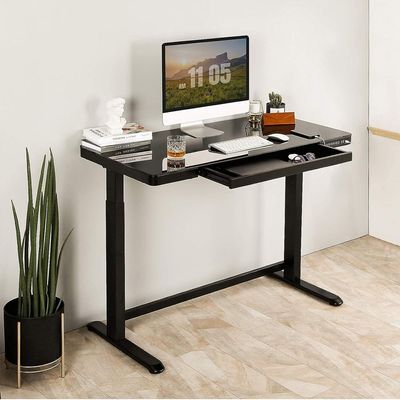 Flexispot Black Glass Top All-in-One Height Adjustable Standing Desk - Stable Desk Frame, Up/Down Movement, 4 Memory Presets, Child Lock, and 3 USB Charging Ports for Efficient Work and Device Charging by Mahmayi