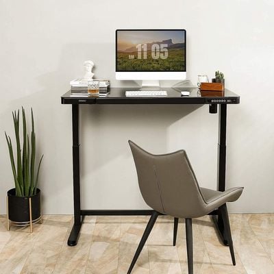 Flexispot Black Glass Top All-in-One Height Adjustable Standing Desk - Stable Desk Frame, Up/Down Movement, 4 Memory Presets, Child Lock, and 3 USB Charging Ports for Efficient Work and Device Charging by Mahmayi