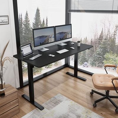 55 X 28 Inches Electric Stand Up Metal Desk Workstation, Whole Piece Desk Board Home Office Computer Standing Table Height Adjustable Desk Black Frame + 55" Black Top