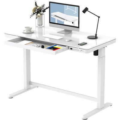 Flexispot White Glass Top All-in-One Height Adjustable Standing Desk - Stable Desk Frame, Up/Down Movement, 4 Memory Presets, Child Lock, and 3 USB Charging Ports for Efficient Work and Device Charging by Mahmayi