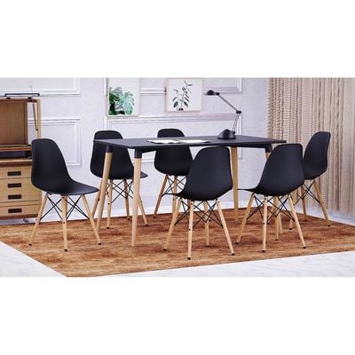 Mahmayi Cenare 7-Piece Dining Set, 140x80 Dining Table & 6 DSW Plastic Chairs - Black Finish for Modern Dining Room Furniture, Family Meals, Dinner Parties, Comfortable Seating Experience