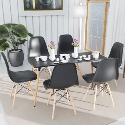 Mahmayi Cenare 7-Piece Dining Set, 140x80 Dining Table & 6 DSW Plastic Chairs - Black Finish for Modern Dining Room Furniture, Family Meals, Dinner Parties, Comfortable Seating Experience