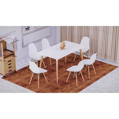 Mahmayi Cenare 7-Piece Dining Set, 140x80 Dining Table & 6 DSW Plastic Chairs - White Finish for Modern Dining Room Furniture, Family Meals, Dinner Parties, Comfortable Seating Experience
