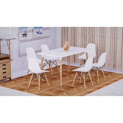 Mahmayi Cenare 7-Piece Dining Set, 140x80 Dining Table & 6 DSW Plastic Chairs - White Finish for Modern Dining Room Furniture, Family Meals, Dinner Parties, Comfortable Seating Experience