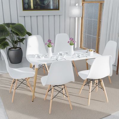 Mahmayi Cenare 7-Piece Dining Set, 140x80 Dining Table & 6 DSW Plastic Chairs - White Finish for Modern Dining Room Furniture, Family Meals, Dinner Parties, Comfortable Seating Experience