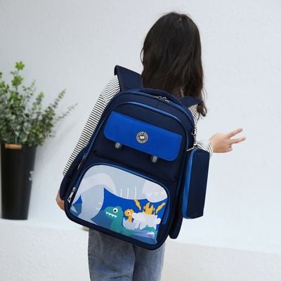 Eazy Kids Dino School Bag w / t Pencil Case - Dark Blue