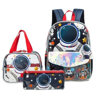 Eazy Kids - 16" School Bag Lunch Bag Pencil Case Set of 3 - Astronaut - Blue