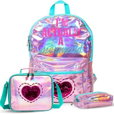 Eazy Kids - 17" School Bag Lunch Bag Pencil Case Set of 3 Mermaid Love - Pink