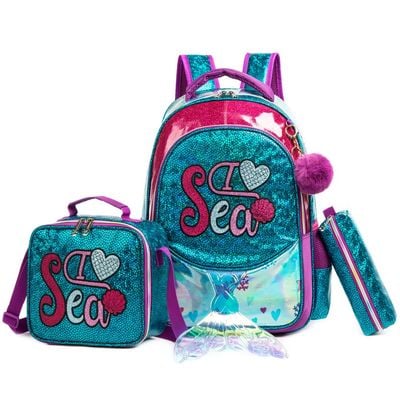 Eazy Kids - 17" School Bag Lunch Bag Pencil Case Set of 3 Mermaid Sea - Green