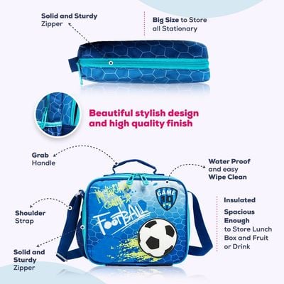 Eazy Kids - 17" School Bag Lunch Bag Pencil Case Set of 3 Football - Blue