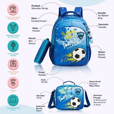 Eazy Kids - 17" School Bag Lunch Bag Pencil Case Set of 3 Football - Blue