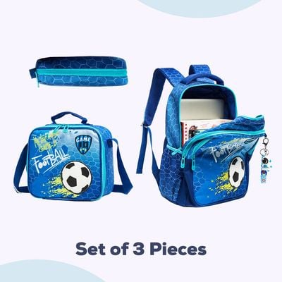 Eazy Kids - 17" School Bag Lunch Bag Pencil Case Set of 3 Football - Blue