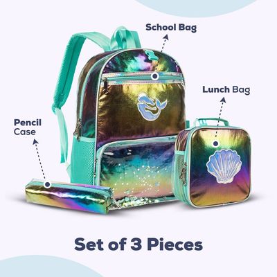 Eazy Kids-17" School Bag Lunch Bag Pencil Case Set of 3 Mermaid Shell -Green