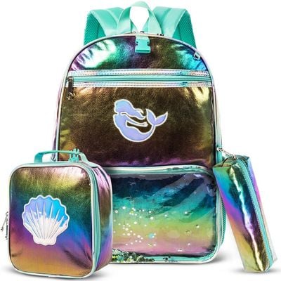 Eazy Kids - 17" School Bag Lunch Bag Pencil Case Set of 3 Mermaid Shell - Green