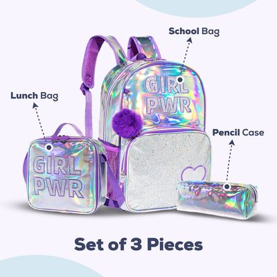 Eazy Kids-18" School Bag Lunch Bag Pencil Case Set of 3 Girl Power - Purple
