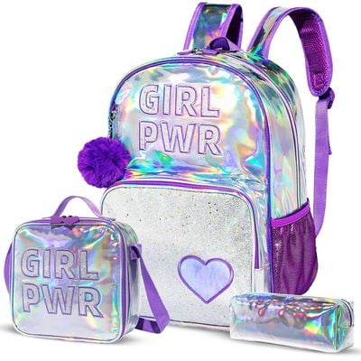 Eazy Kids - 18" School Bag Lunch Bag Pencil Case Set of 3 Girl Power - Purple