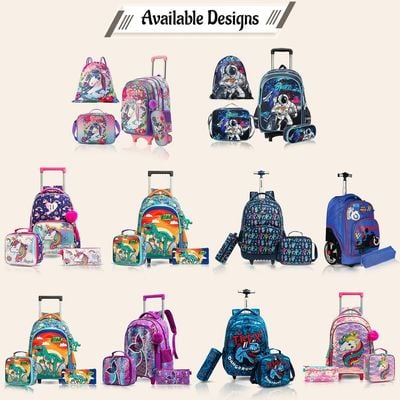Eazy Kids - 18" Set of 3 Trolley School Bag Lunch Bag & Pencil Case T-Rex Dinosaur - Blue