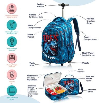 Eazy Kids - 18" Set of 3 Trolley School Bag Lunch Bag & Pencil Case T - Rex Dinosaur - Blue