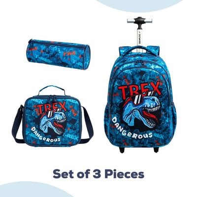 Eazy Kids - 18" Set of 3 Trolley School Bag Lunch Bag & Pencil Case T - Rex Dinosaur - Blue