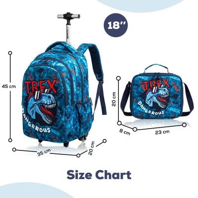 Eazy Kids - 18" Set of 3 Trolley School Bag Lunch Bag & Pencil Case T - Rex Dinosaur - Blue