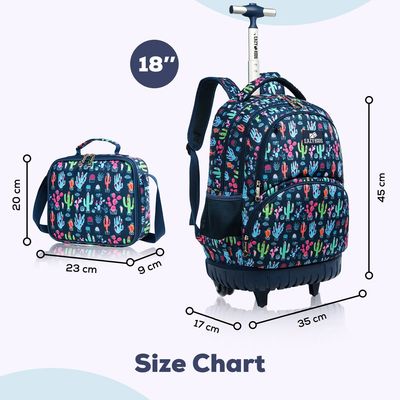 Eazy Kids - 18" Set of 3 Trolley School Bag Lunch Bag & Pencil Case Cacti - Blue