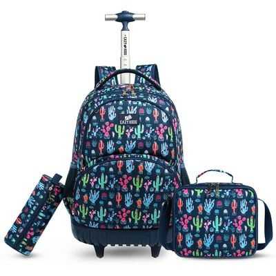 Eazy Kids - 18" Set of 3 Trolley School Bag Lunch Bag & Pencil Case Cacti - Blue