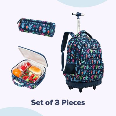Eazy Kids - 18" Set of 3 Trolley School Bag Lunch Bag & Pencil Case Cacti - Blue