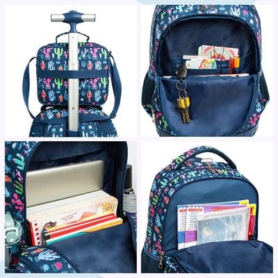 Eazy Kids - 18" Set of 3 Trolley School Bag Lunch Bag & Pencil Case Cacti - Blue