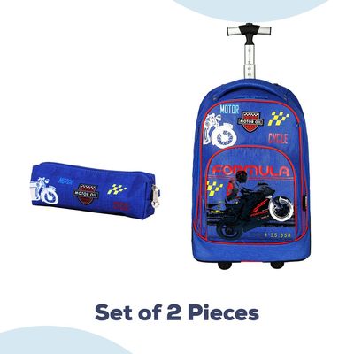 Eazy Kids - 18" Set of 2 Formula Racing Big Wheel Trolley School & Pencil Case - Blue