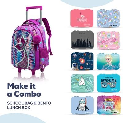 Eazy Kids - 18" Set of 3 Trolley School Bag Lunch Bag & Pencil Case Mermaid - Purple