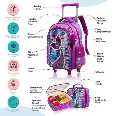 Eazy Kids - 18" Set of 3 Trolley School Bag Lunch Bag & Pencil Case Mermaid - Purple