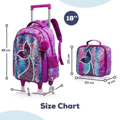 Eazy Kids - 18" Set of 3 Trolley School Bag Lunch Bag & Pencil Case Mermaid - Purple