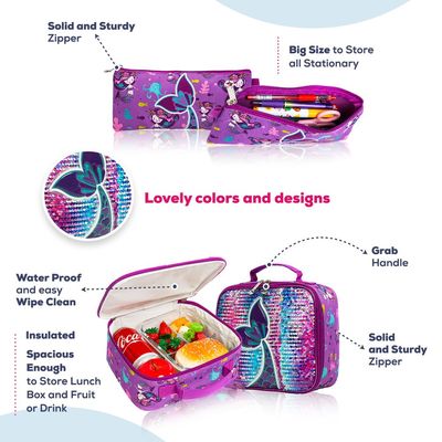 Eazy Kids - 16" Set of 3 Trolley School Bag Lunch Bag & Pencil Case Mermaid - Purple
