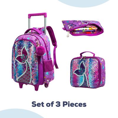Eazy Kids - 16" Set of 3 Trolley School Bag Lunch Bag & Pencil Case Mermaid - Purple