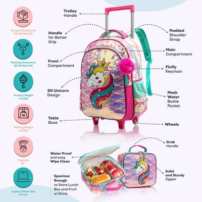Eazy Kids - 16" Set of 3 Trolley School Bag Lunch Bag & Pencil Case Unicorn - Pink