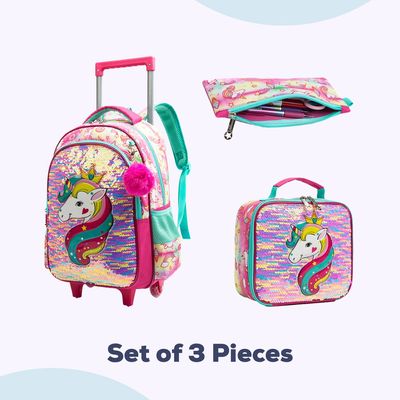 Eazy Kids - 16" Set of 3 Trolley School Bag Lunch Bag & Pencil Case Unicorn - Pink