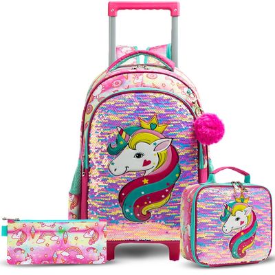 Eazy Kids - 16" Set of 3 Trolley School Bag Lunch Bag & Pencil Case Unicorn - Pink
