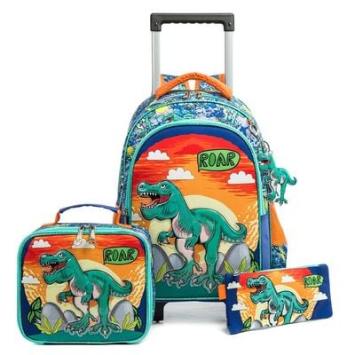 Eazy Kids - 17" Set of 3 Trolley School Bag Lunch Bag & Pencil Case Dinosaur - Orange