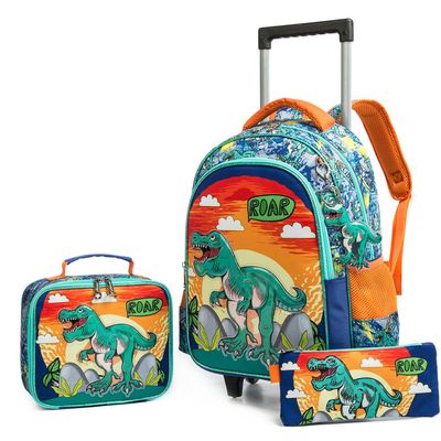 Eazy Kids - 17" Set of 3 Trolley School Bag Lunch Bag & Pencil Case Dinosaur - Orange