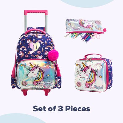 Eazy Kids - 16" Set of 3 Trolley School Bag Lunch Bag & Pencil Case Unicorn Chrome - Blue