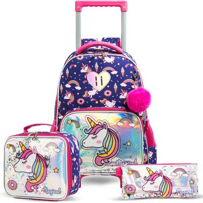 Eazy Kids - 16" Set of 3 Trolley School Bag Lunch Bag & Pencil Case Unicorn Chrome - Blue