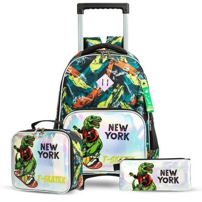 Eazy Kids - 17" Set of 3 Trolley School Bag Lunch Bag & Pencil Case New York Dinosaur - Green