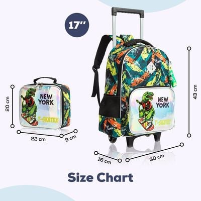 Eazy Kids - 17" Set of 3 Trolley School Bag Lunch Bag & Pencil Case New York Dinosaur - Green