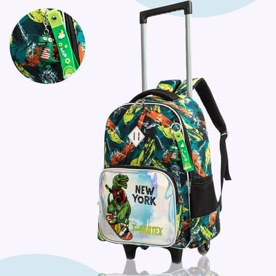 Eazy Kids - 17" Set of 3 Trolley School Bag Lunch Bag & Pencil Case New York Dinosaur - Green