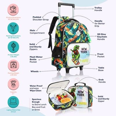 Eazy Kids - 17" Set of 3 Trolley School Bag Lunch Bag & Pencil Case New York Dinosaur - Green