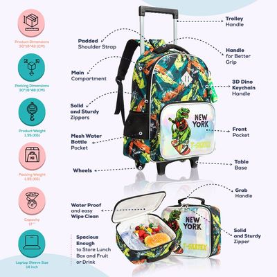 Eazy Kids - 16" Set of 3 Trolley School Bag Lunch Bag & Pencil Case New York Dinosaur - Green
