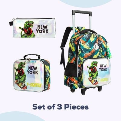 Eazy Kids - 17" Set of 3 Trolley School Bag Lunch Bag & Pencil Case New York Dinosaur - Green