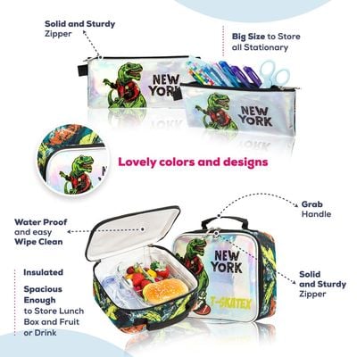 Eazy Kids - 17" Set of 3 Trolley School Bag Lunch Bag & Pencil Case New York Dinosaur - Green